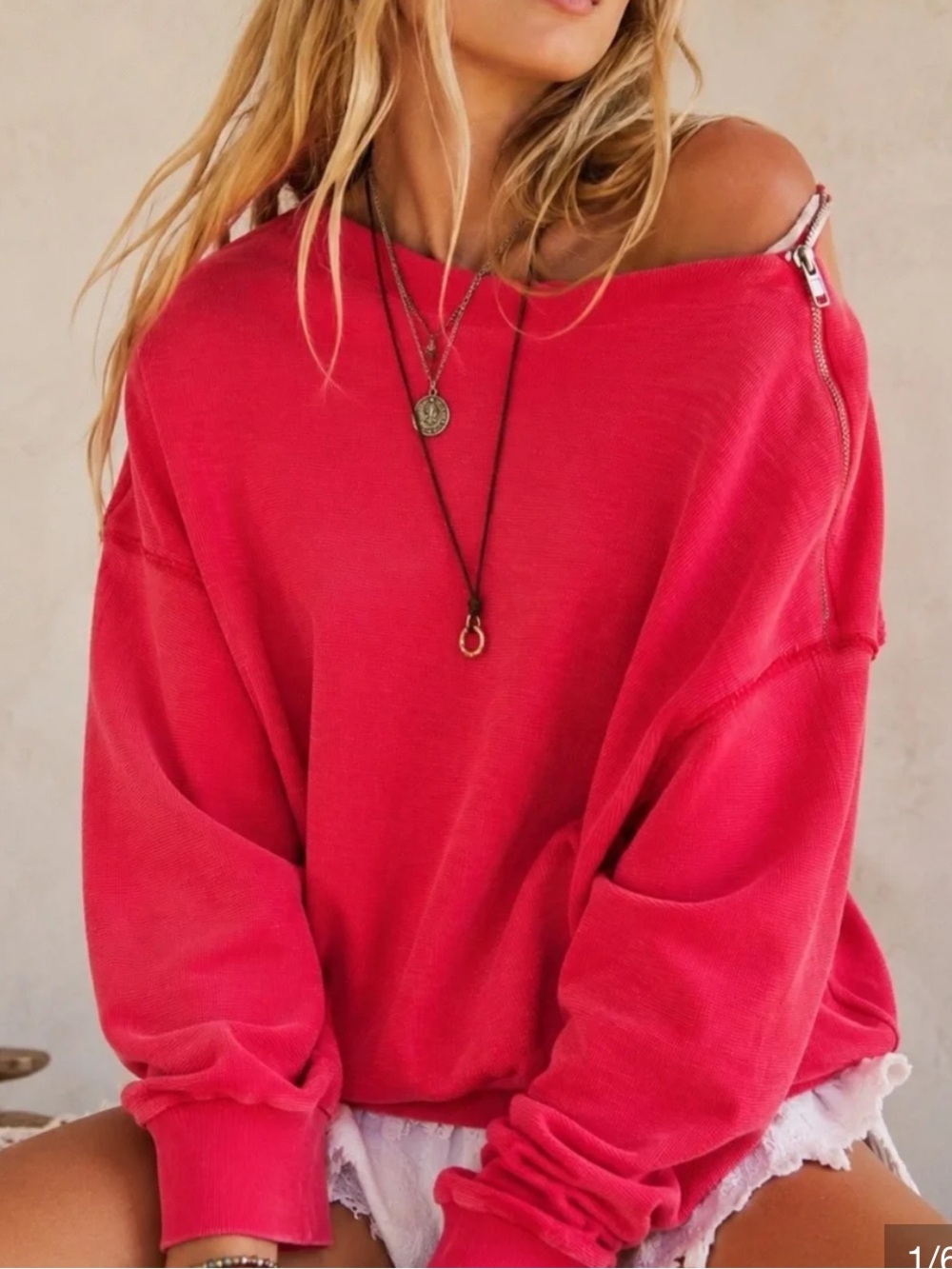 Free People Nikala Thermal Zip Shoulder Top Red Women’s L Fall